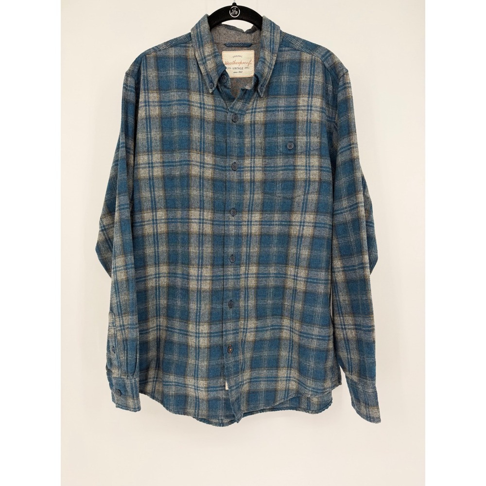 Weatherproof Vintage Mens Blue Plaid Flannel Button Down Shirt 1600575
